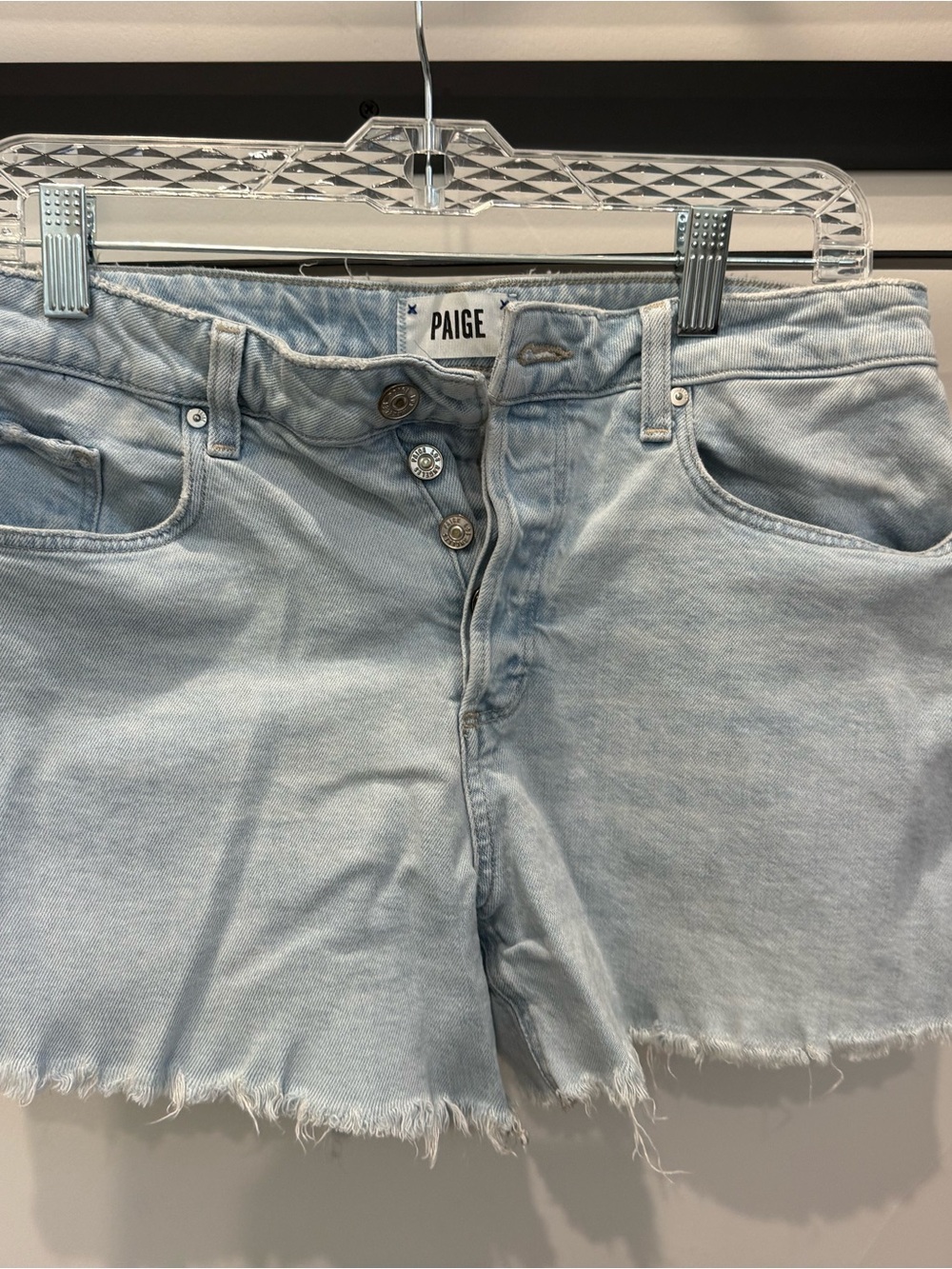 PAIGE Light Wash Denim Frayed Hem Shorts